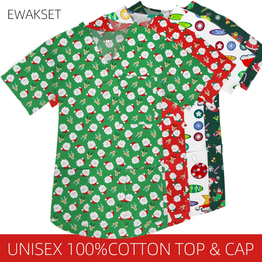 Unisex Christmas Santa Uniform for Women men Printed Surgical Scrub Blouse Short Sleeve V-neck Hospital Blouse Doctor Work Tops