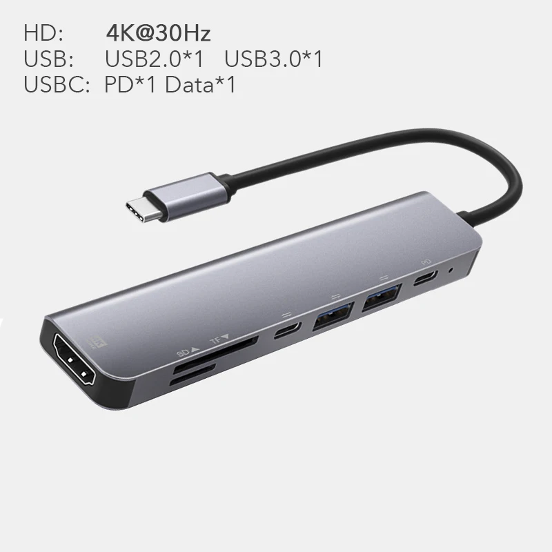 7 in 1 Type C USB 3.1 HDTV 4K 30Hz Video USB 3.0 USB2.0 SD TF Card Slot Reader Data USB-C PD Charging Hub Adapter for Macbook