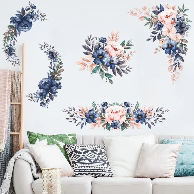 

The Eye-Catching Design Of Flower And Small Flower Pattern Wall Stickers Is Full Of Vibrant And Stunning Pink And Blue Decorativ