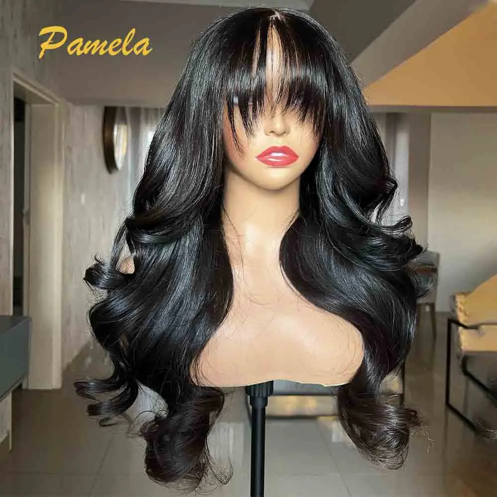 13x4 Transparent Lace Front Human Hair Glueless Wig Ready To Wear 250% Density Natural Color Body Wave With Bangs Lace Front Wig