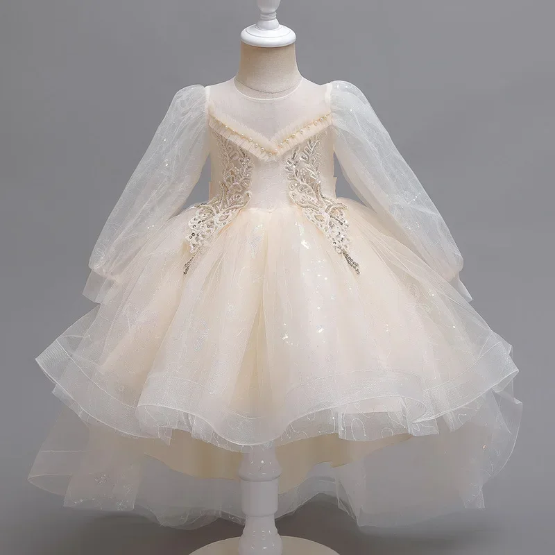 

Girls Luxury Elegant Wedding Christening Party Evening Dresses 2023 Formal 10 Years Old Kids Children Long Sleeve One-piece Gown