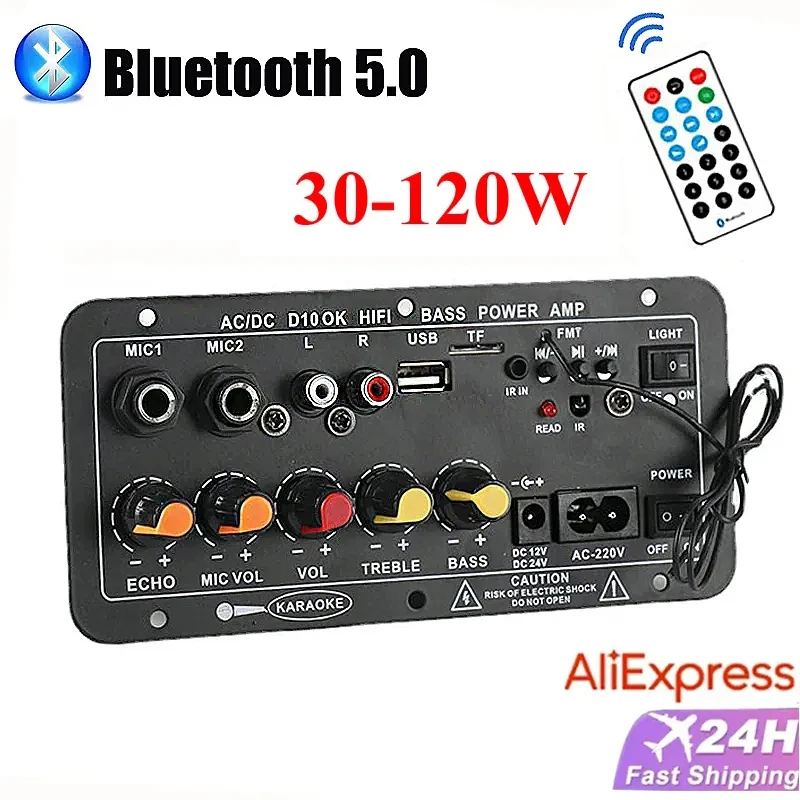Audio Amplifier Board 30-120W for 8-12inch 4Ohm Speaker 12V 24V 110V 220V Subwoofer Aux Tf Card