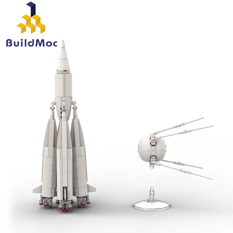 

BuildMoc R-7 M1-1PS and Sputniked 1 из 1957, космические ракетные строительные блоки, идея Vehilce, космический корабль, кирпичные игрушки для детей, подарки