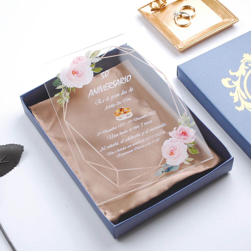 

Clear Acrylic Wedding Invitations with Printed Box and Satin Acrylic, Personalized Luxury Invitations, 10Pcs