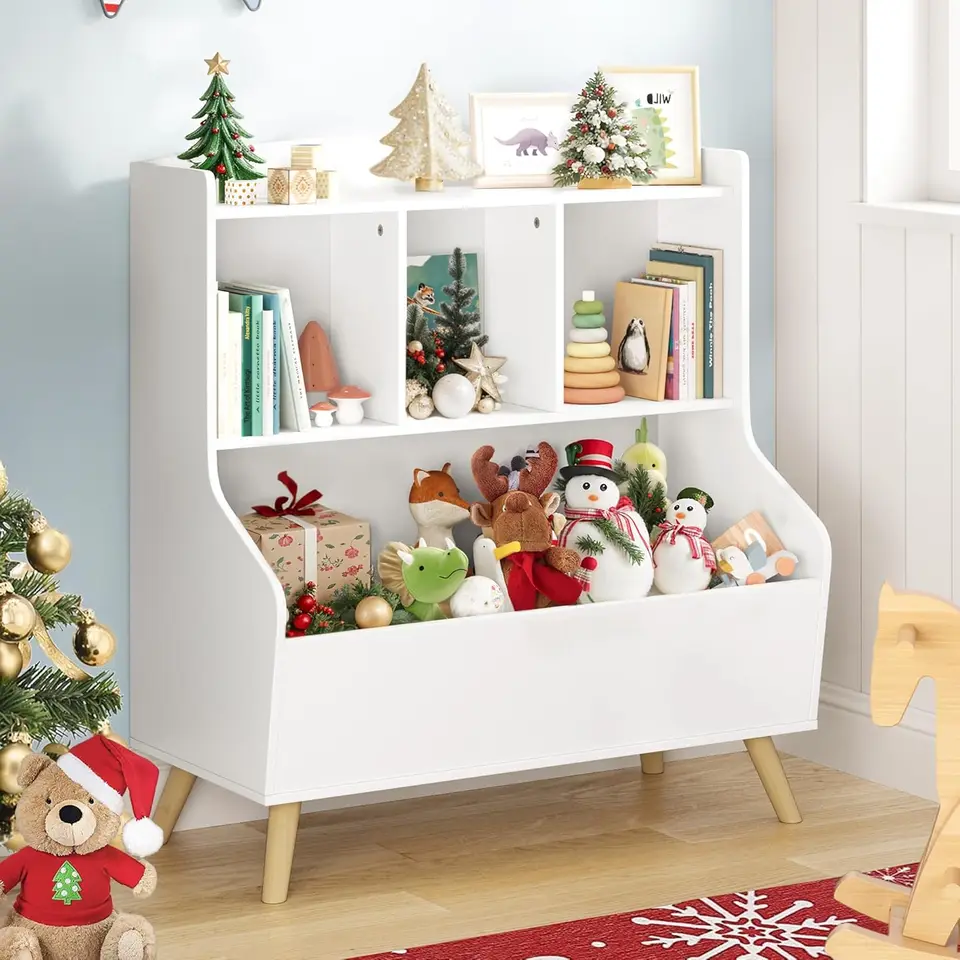 Kids Wooden Bookshelf and Toy Storage Organizer