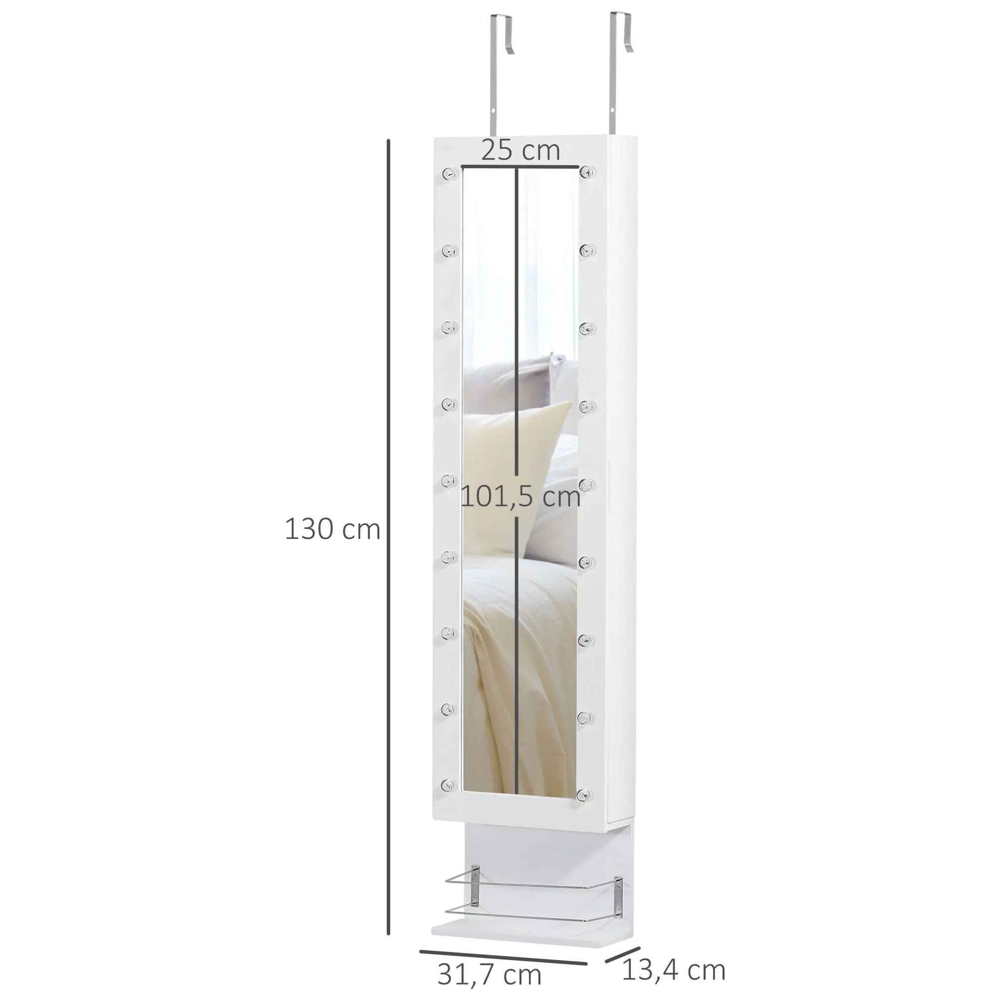 HOMCOM Espejo Joyero Colgante de Pared o Puerta Armario de Joyería con 18  Luces LED Altura Ajustable y Estante Abierto Organizador de Joyas  31,7x13,4x130 cm Blanco - AliExpress, image size:2000x2000