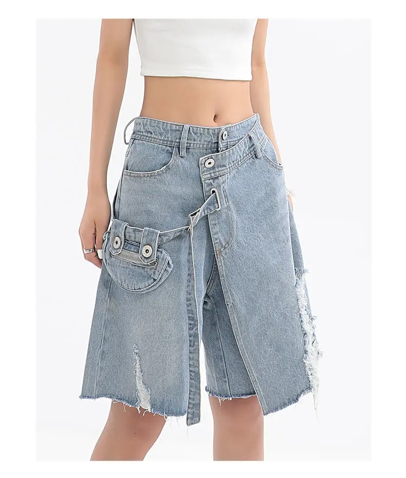 Shorts Hole Pockets Knee-Length Women 2024 Summer Denim Design Thin New Arrival Chic Vintage Fashion All-Match Streetwear