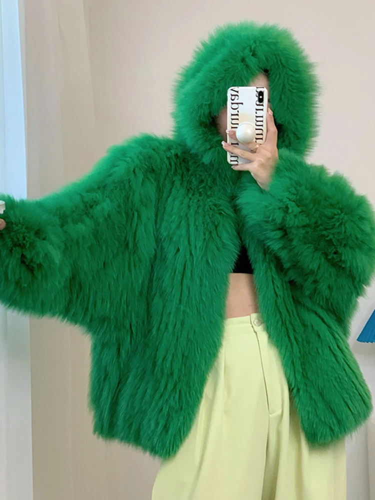 Autumn Winter Real Fur Grass Double Sided Woven Fox Hooded Women's Clothing Long Sleeve Jackets Solid Thick Warm Fur Sexy Coat