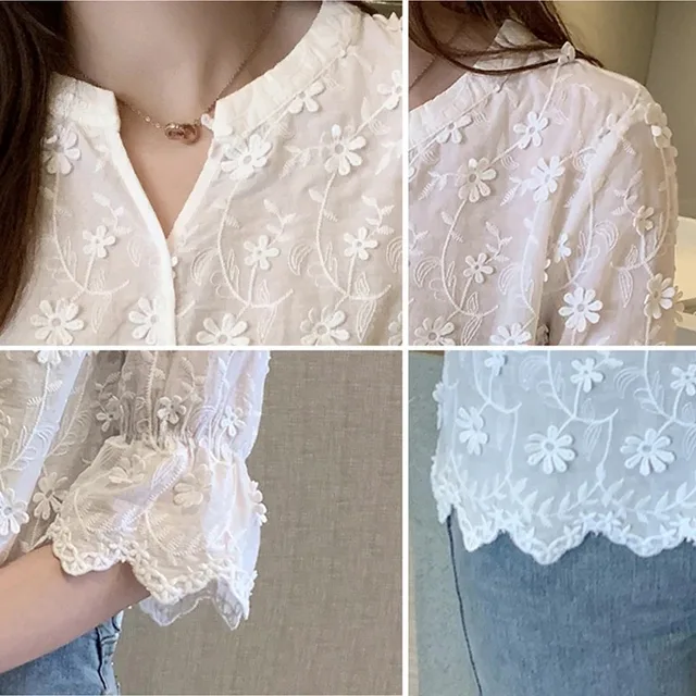 Women's Cotton Short Sleeve Lace Blouse, Summer Tops, Embroidery Floral, White Shirt, Fashion Casual Blouses, 9638 6