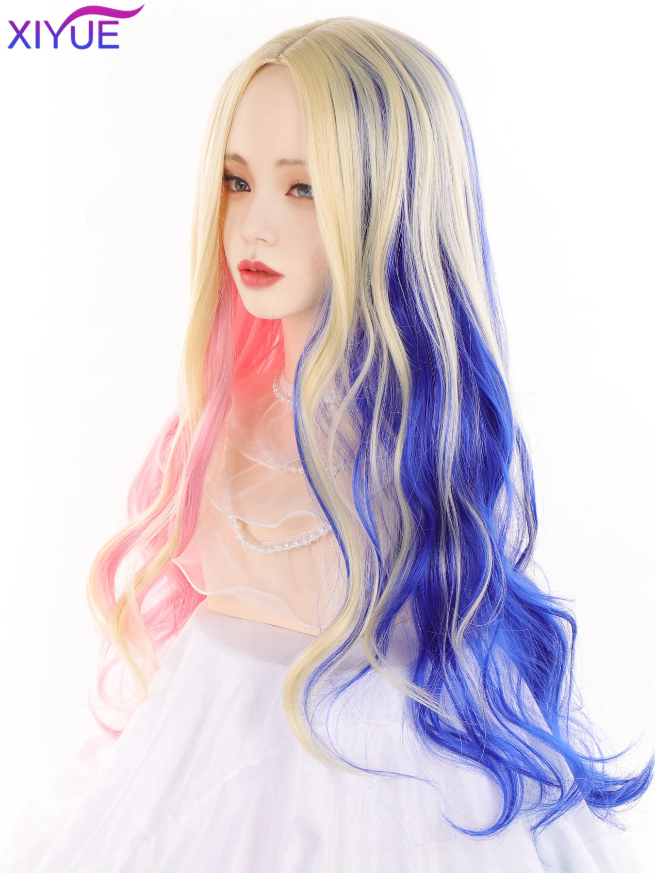 XIYUE Synthetic Long Wavy Rainbow Ombre Blonde Blue Red Wig with Bangs Lolita Cosplay Fluffy Women Hair Wig for Daily Party ﻿