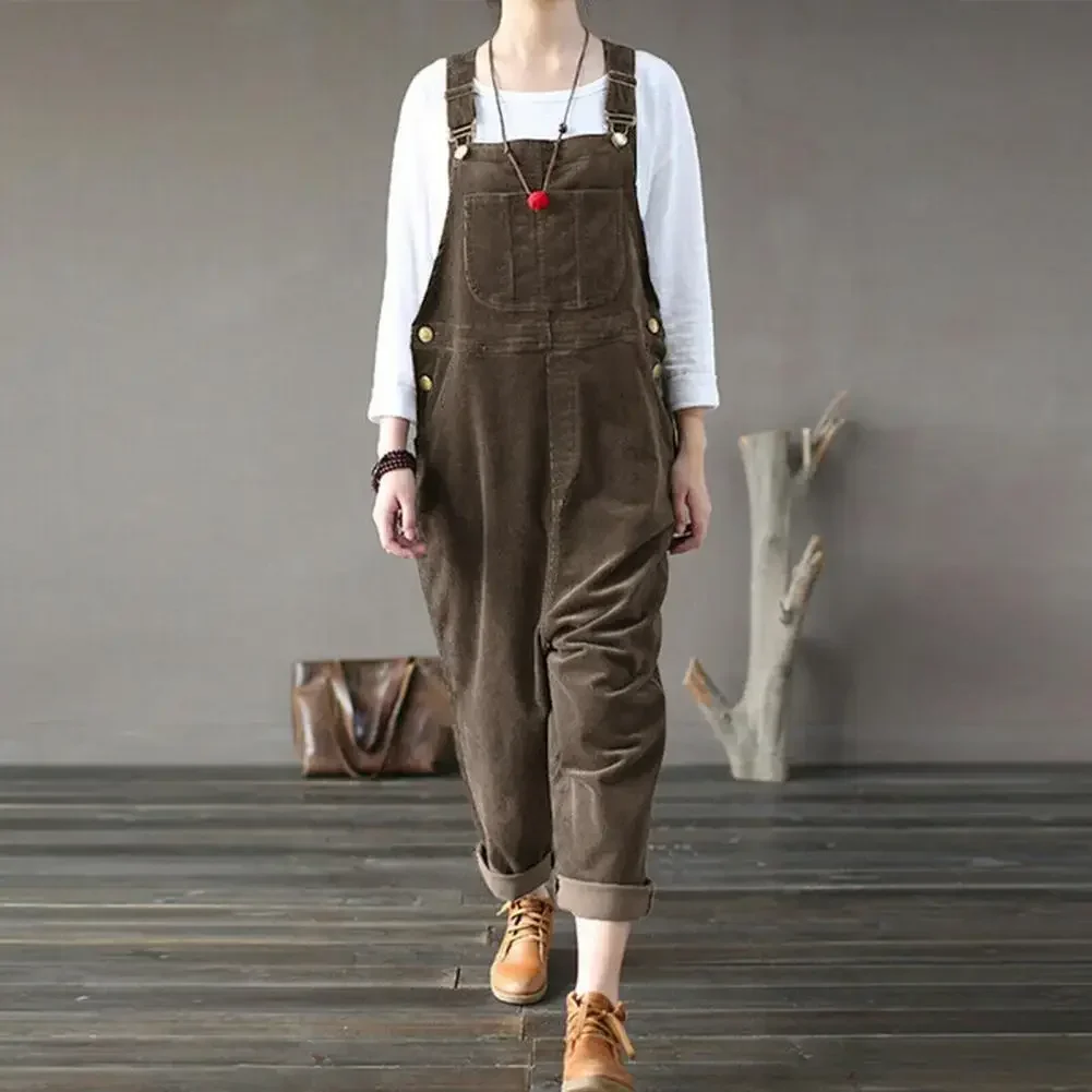 2024 Winter Corduroy Jumpsuit Women Wide Leg Overalls Solid Color Loose Sleeveless Wide Leg Jumpsuit Combinaison Femme