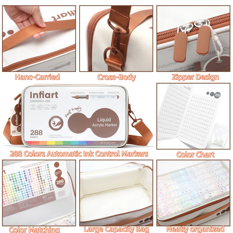 다이렉트 리퀴드 아크릴 소프트팁 마커 펜 세트, 모든 사양으로 제공되는 120가지 색상, 휴대용 보관 가방 포장, 잉크 흐름 조절이 가능한 유연한 소프트팁, 다이렉트 리퀴드 잉크 시스템, 높은 커버력과 레이어