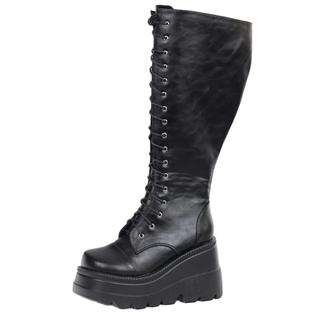 

jialuowei 2021 New Punk Style 11CM High Wedge Heel Platform Knee-High Martin Boots