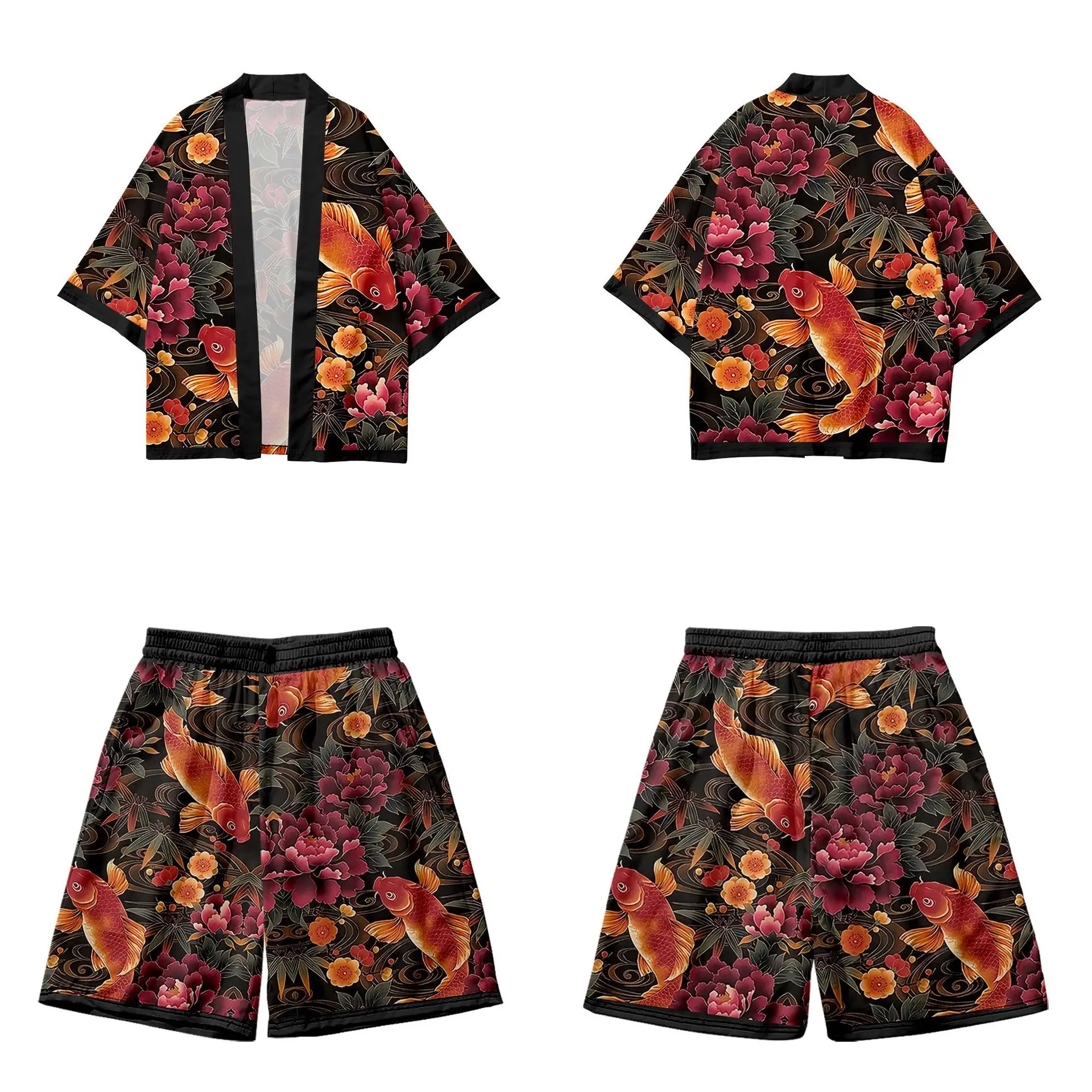 

Carp Flower Printed Men Black Border Japanese Kimono Casual Loose Cardigan And Beach Shorts Set Asian Clothes Harajuku