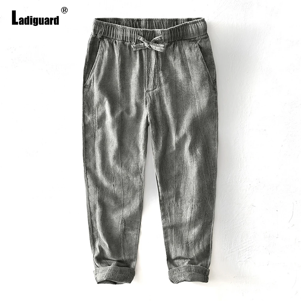 

Ladiguard 2022 Spring Men's Cotton Linen Pants Solid Drawstring Trouser Plus Size Mens Fashion Pocket Design Pencil Sweatpants