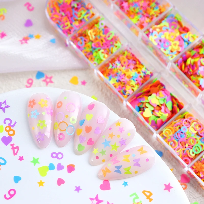 

Флуоресцентные блестки смешанной формы для ногтей бабочка цветок ультратонкие хлопья DIY Подвески неоновые Блестки для маникюра украшения для дизайна ногтей