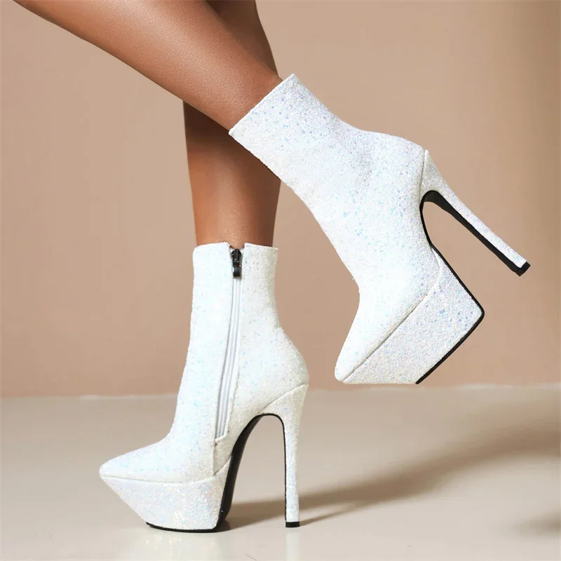 

White Black Sexy Bling Ankle Boots Ladies Stiletto High Heels Platform Botas Party Fashion New Women Shoes Pointed Toe Plus Size