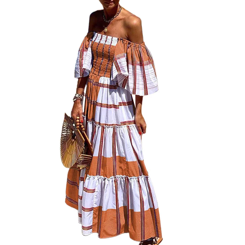 

Spring Summer Ladies Elegant Dress Slash Neck Stripe Print Butterfly Sleeve Big Swing A-line Dress Women Stretch Maxi Dresses