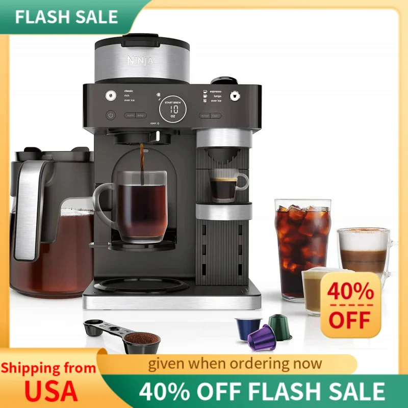 

Ninja CFN601 Espresso &Coffee Barista System, Single-Serve Coffee &Nespresso Capsule Compatible,12-Cup Carafe,Frother