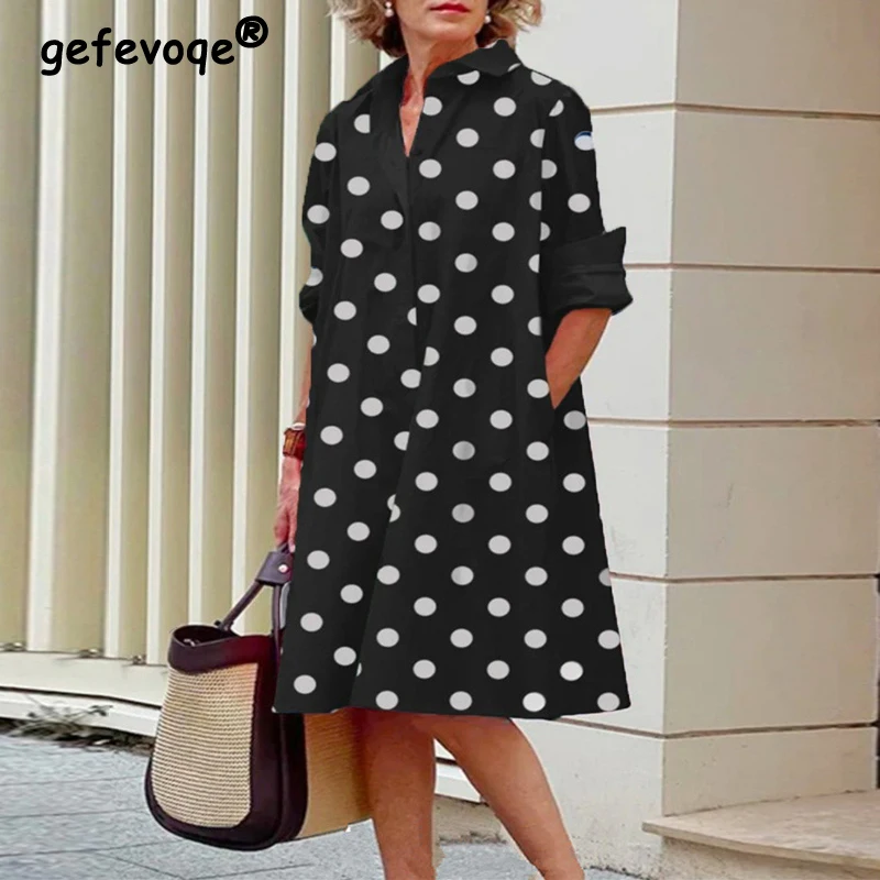 

Women Polka Dot Print Oversize Vintage Elegant Shirt Dress 2023 Spring Autumn Fashion Casual Long Sleeve Streetwear Midi Dresses