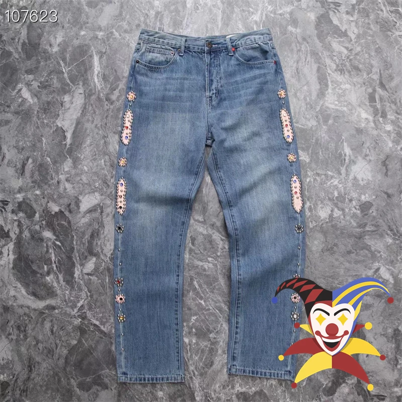 

New KAPITAL Vintage Denim Set With Diamonds Jeans Men Women Washed Blue Black Pants