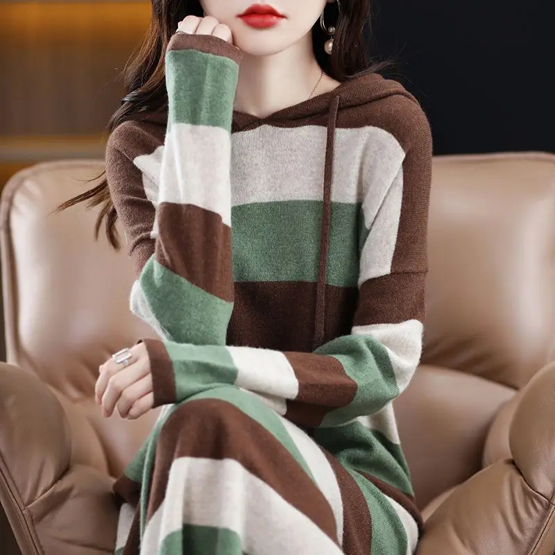 Female Loose Fashion Striped Hooded Knitted Dress 2023 Autumn Winter Women\'s Clothing Korean Elegant Long Sleeve Midi Dresses