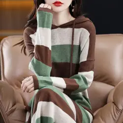 Female Loose Fashion Striped Hooded Knitted Dress 2023 Autumn Winter Women's Clothing Korean Elegant Long Sleeve Midi Dresses