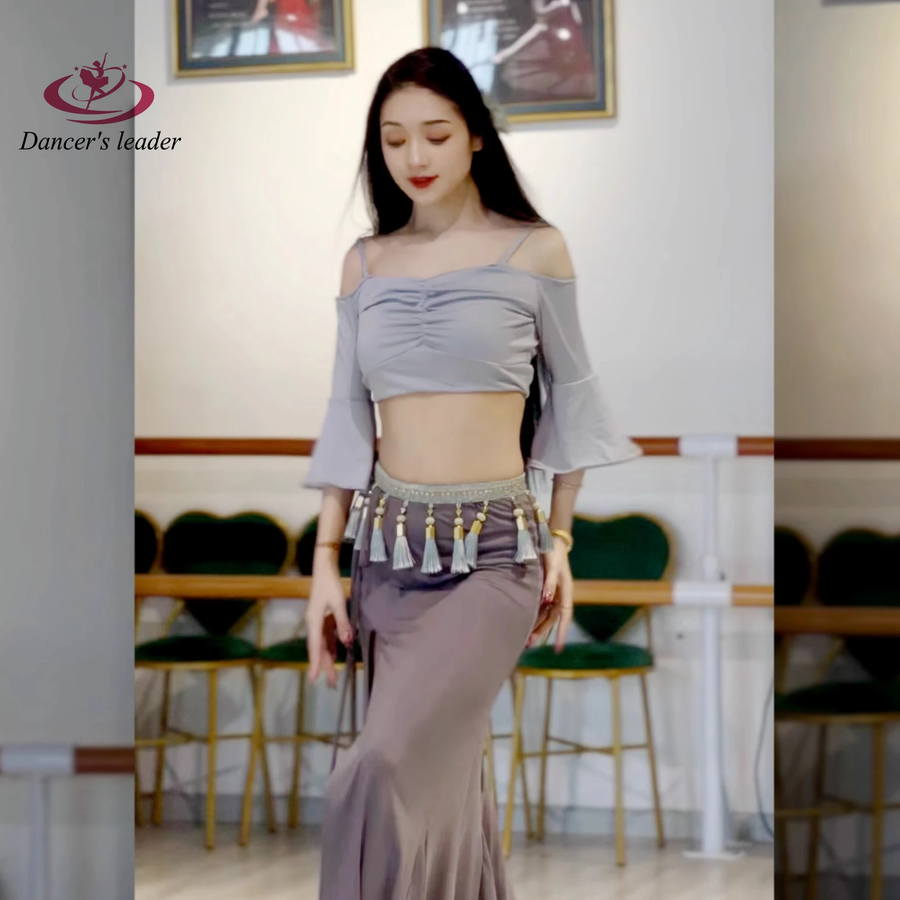 

Original Belly Dance Performance Suit With Suspender, Flared Sleeves, Slit Skirt Design, Fitness Suit, Slim Fit Set