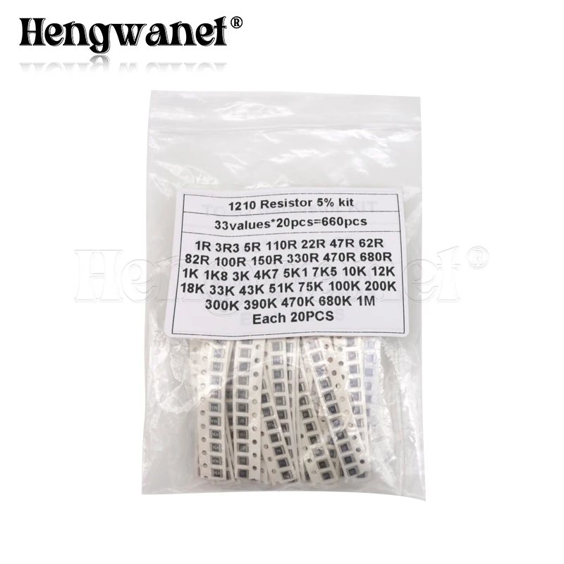 

Комплект резисторов 1210 SMD, набор в ассортименте, 1 Ом-1М ом, 5%, 33 значения, 20 шт. = 660 шт., Набор для творчества