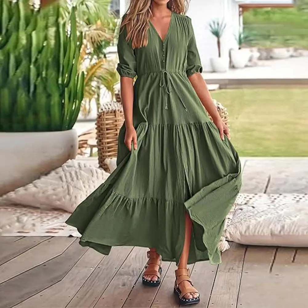 

Women Dress Elegant A-line Maxi Dress with Pleated Detailing V Neckline Drawstring Waist for Summer Vacation or Beach Getaways