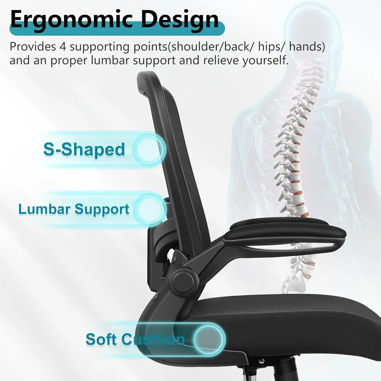 New2025-Office Chair, Ergonomic Desk Chair Breathable Mesh Chair with Adjustable High Back Lumbar Support Flip-up Armrests