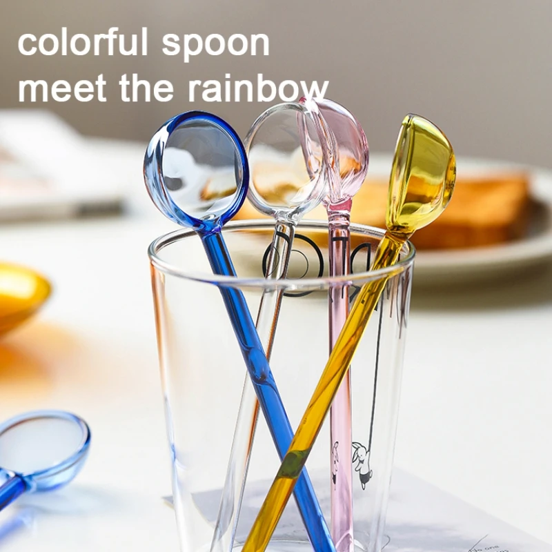 1pc Creative Glass Milk Spoon Colored Transparent Coffee Dessert Stirring Spoon Long Handle Kitchen Tableware Stirrer Rod