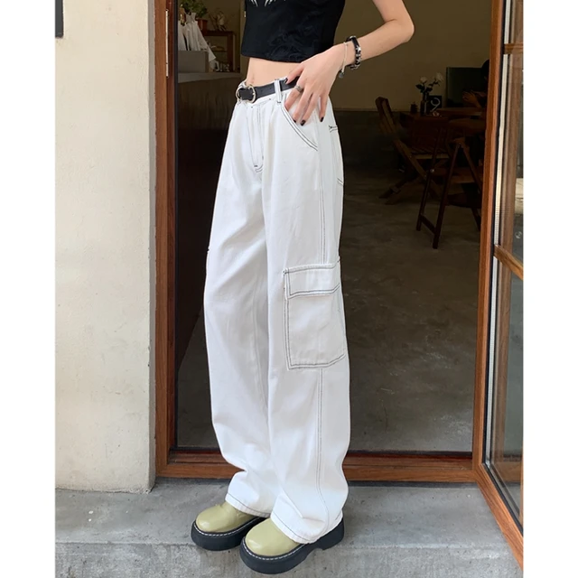 Branco calças de brim feminino macacão de cintura alta moda
