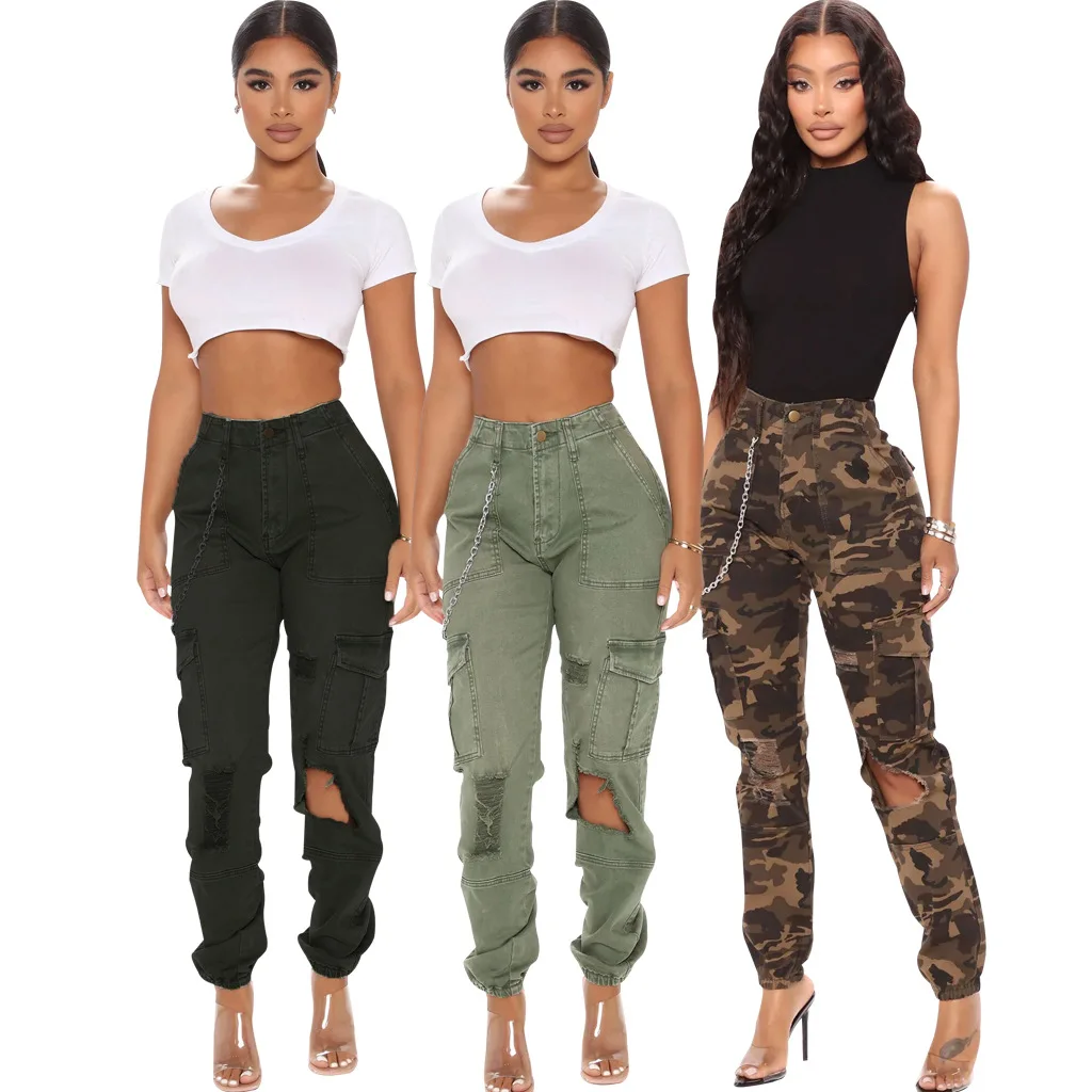 

Camouflage Cargo Jeans Women 2023 Summer Hollow Out Ripped High Waist Black Stretch Jeans Woman Casual Big Pocket Denim Trouser