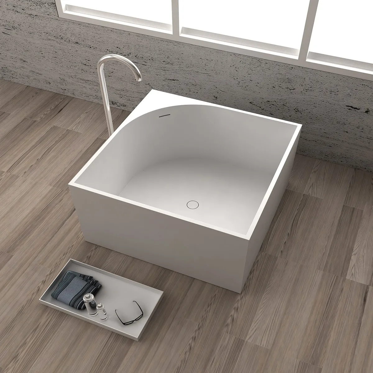 1050x1050x605mm Solid Surface Stone Acrylic Bathtub Freestanding Floor Mounted Integrated Corian Tub WD022