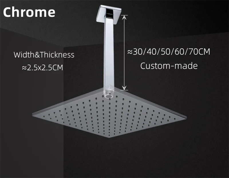 Description Picture 3 of itemCeiling Mounted Stainless Steel Bathroom Shower Head Extension Arm Tube 40/50/60/70CM Square Chrome Fixed Bar Accessories