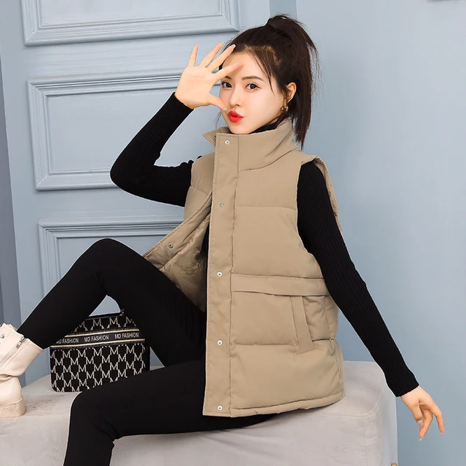 womens parka coat 2021 Autumn Winter Women Solid Loose Vest  Stand Collar Long Vest Jacket Cotton Padded Women Windproof Warm Waistcoat Beige puffer coat women Coats & Jackets