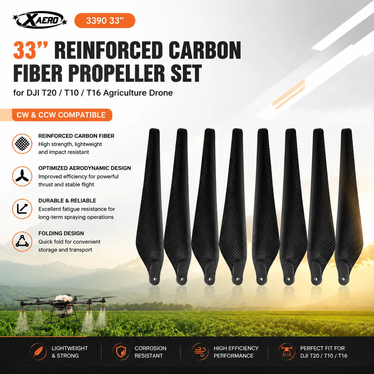 XAERO 3390 33 Zoll verstärkter Kohlefaserpropeller für DJI T20 T10 T16, CW CCW Landwirtschaftliche Sprühdrohnenblätter