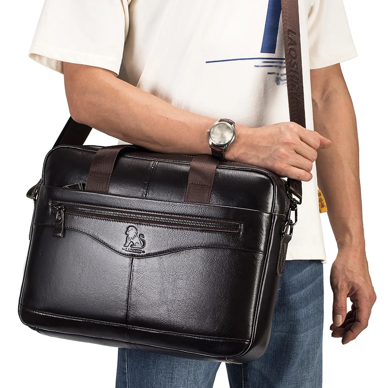 Cowhide computer bag 14 inch large capacity genuine leather men's briefcase retro top layer cowhide file bag