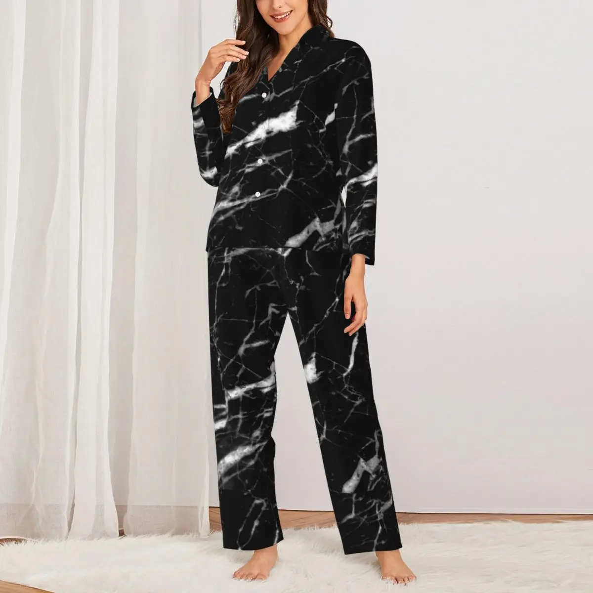 

Пижама женская черно-белая с мраморным принтом, одежда для сна в спальню, естественные Мраморные Шарики, повседневный пижамный комплект в стиле оверсайз, домашний костюм