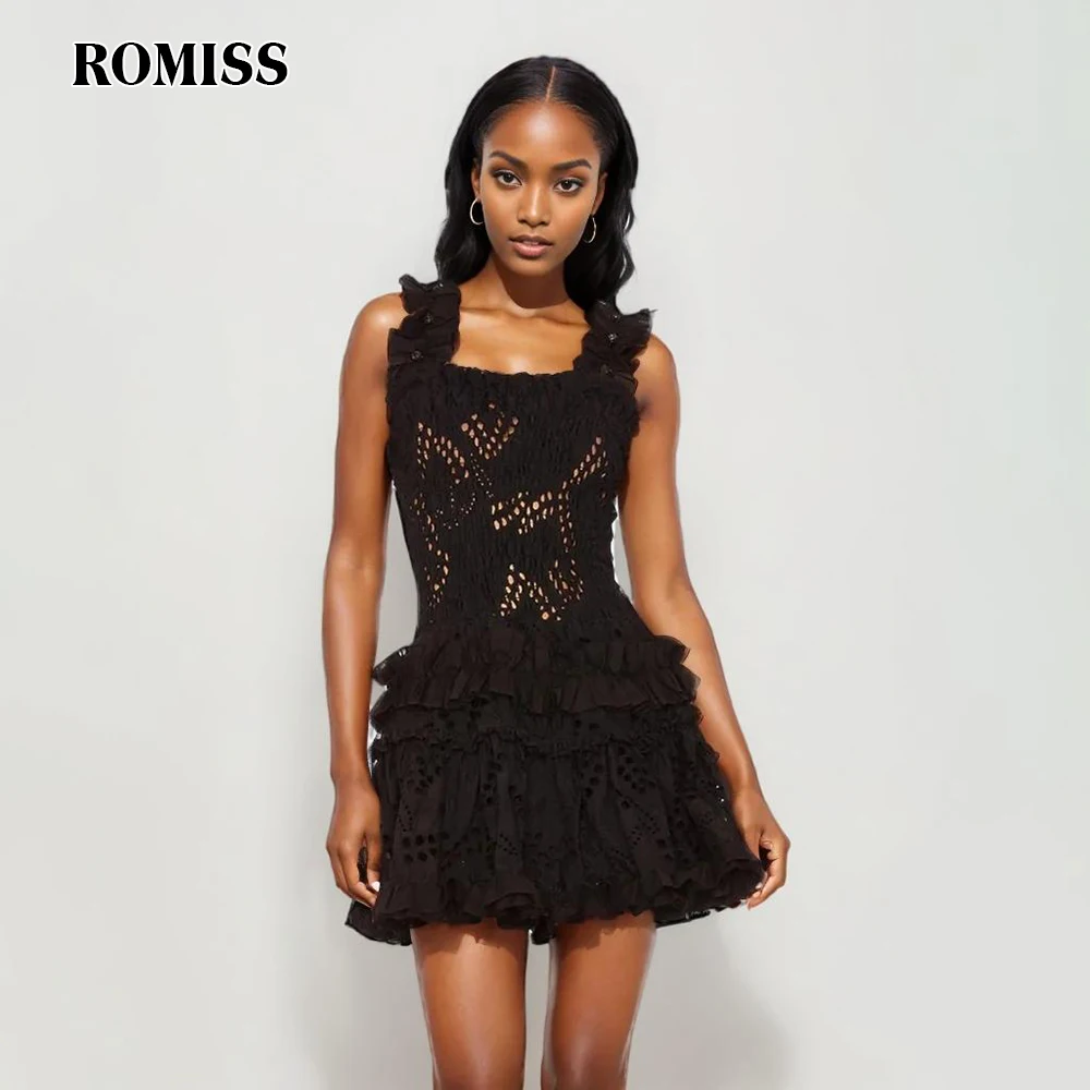 

ROMISS Embroidery Solid Mini Dresses For Women Square Collar Sleeveless Off Shoulder High Waist Slim Camisole Dress Female New