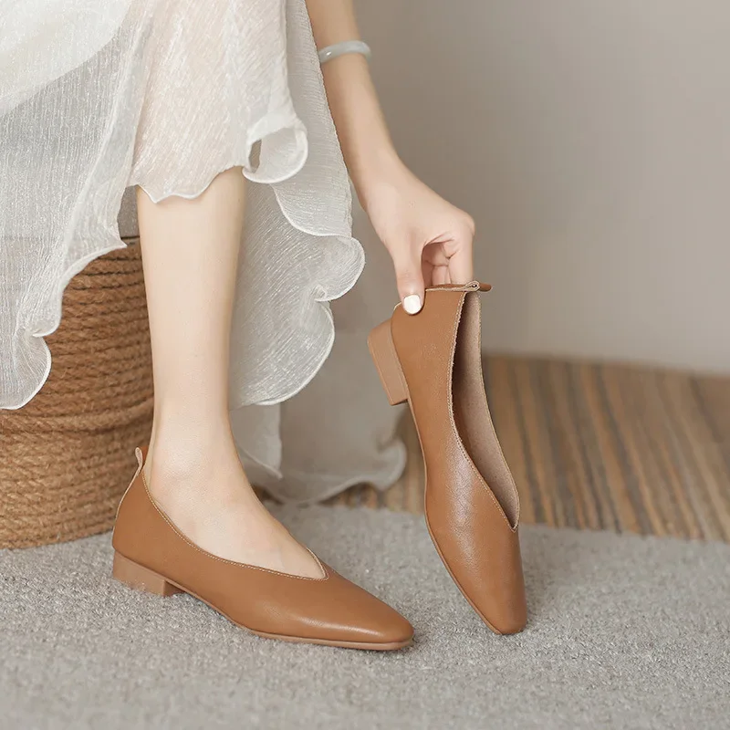 Genuine Leather Multi-color Low-heeled women's Shoes  Round Toe Flat Bottom Shallow Cut Single Shoe Casual Versatile Loafers 3