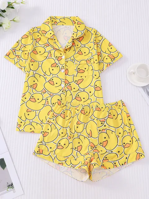 Yellow duck print pajama set Comfortable short-sleeved lapel top and elasticated waist shorts Women's loungewear