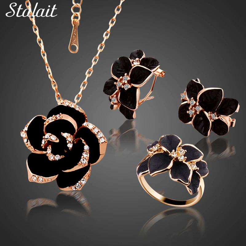 de joyería de esmalte de flor rosa para mujer, Color oro rosa, conjuntos de joyería nupcial negra para boda, productos más vendidos, 2022|enamel jewelry set|jewelry for womenfashion jewelry set -