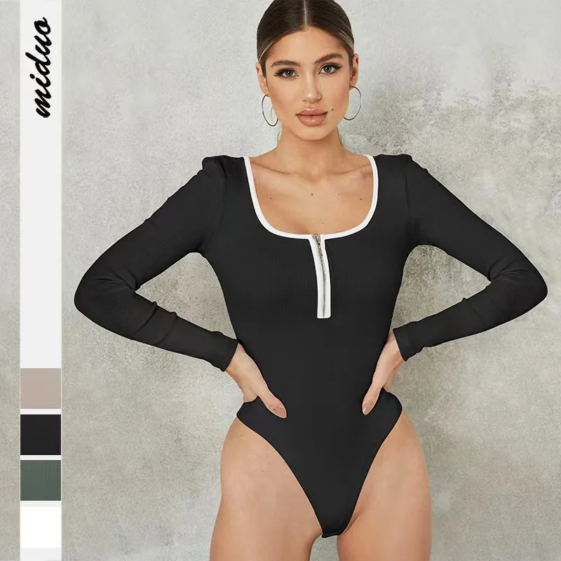 

Женское трикотажное боди на молнии, облегающий Топ с длинным рукавом и квадратным вырезом, осень 2023