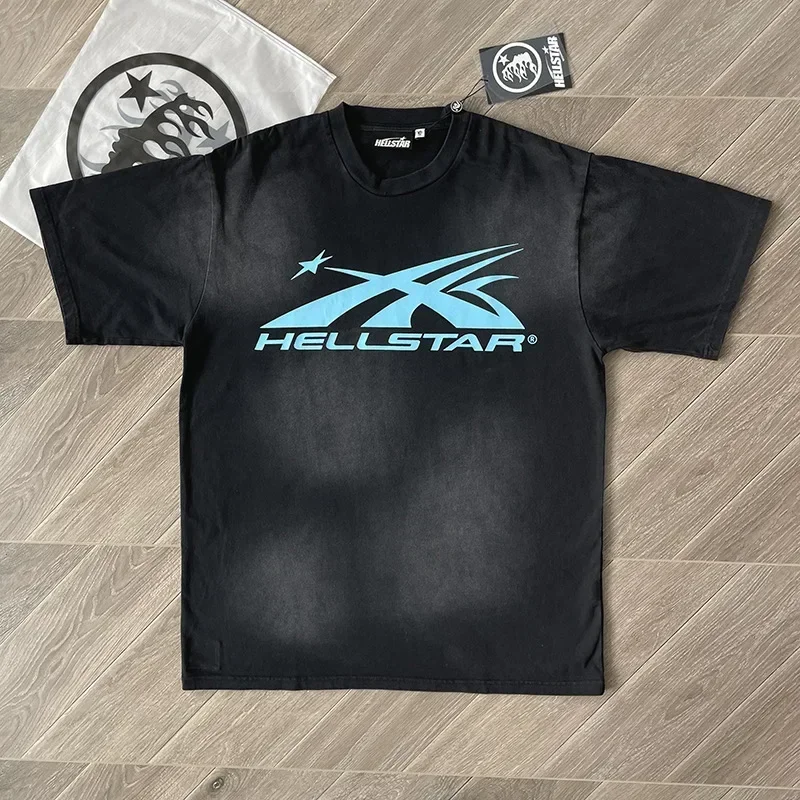 

Спортивная футболка 24ss HELL STAR Gel с логотипом для мужчин и женщин, тенниска из чистого хлопка с эффектом потертости, с коротким рукавом, в стиле оверсайз, черного цвета, 1:1