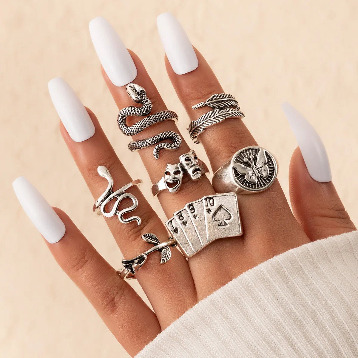Retro Poker Mask Snake Flower Shape Geometric Ring Women Personality Silver Color Metal Party Wedding Engagement Finger Rings |