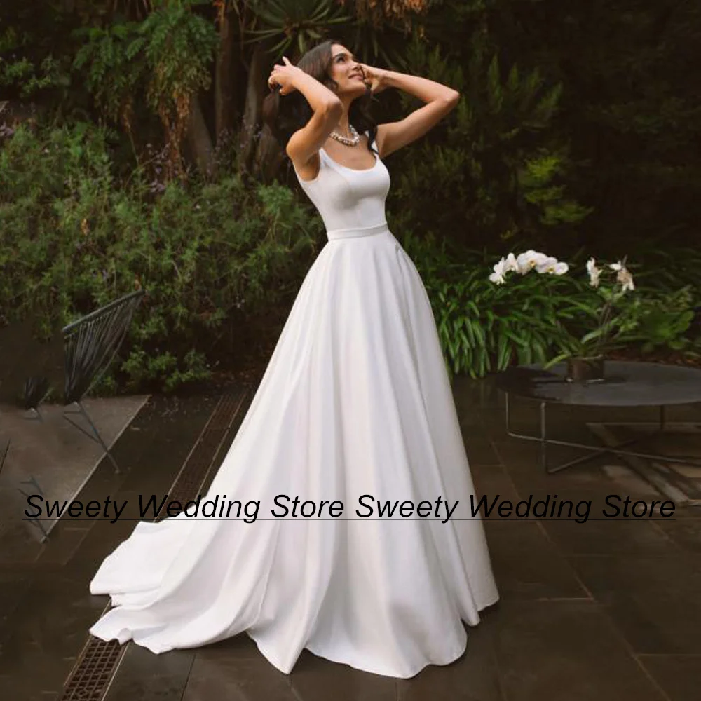 

Jiayigong Sexy Wedding Dress Vestido De Noiva Scoop Neck Sleeveless Women Simple A Line Satin Bridal Dresses Gown