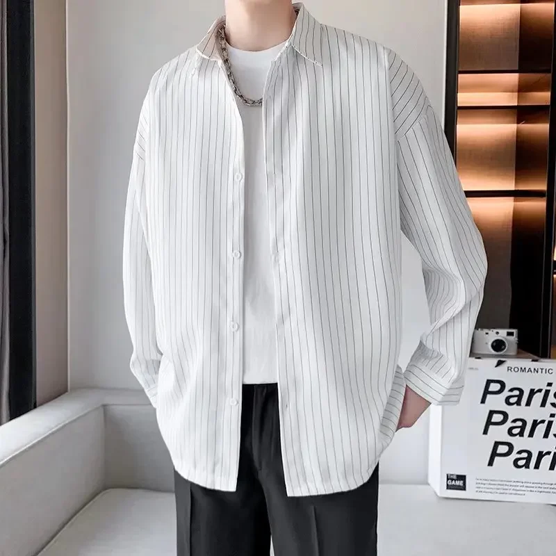 남성용 오버사이즈 스트라이프 비즈니스 포멀 셔츠, 캐주얼 원피스 의류, 패션 