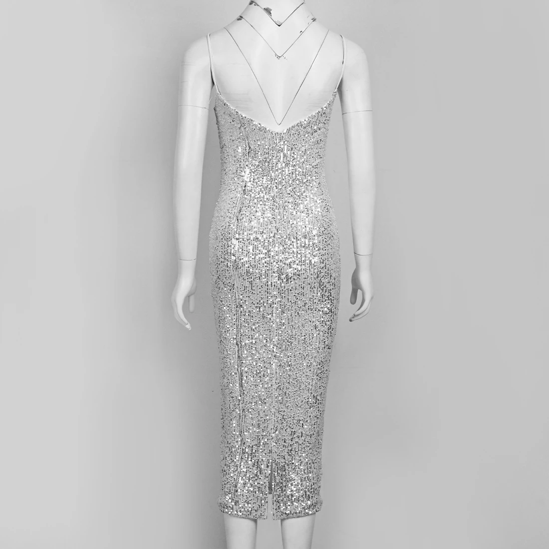 

2022 New Fashion Sequined Spaghetti Strap Sexy Backless Bodycon Midi Dress For Women Evening Party Vestidos